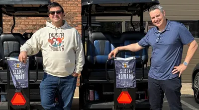 Rectangle Flag - Thank you again for the great flags The photo shows two of our attorneys and their golf carts featuring the flags in action They turned out great and were a big hit at our eventWe appreciate your help bringing our design to life