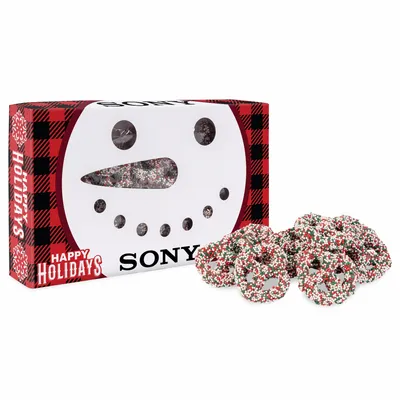 Snowman Die Cut Box with Milk Chocolate Christmas Mini Pretzels - Custom Phone Wallets Now