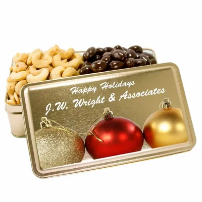 2-Share Tin - Salted Cashews/Dark Chocolate Almonds - Custom Phone Wallets Now