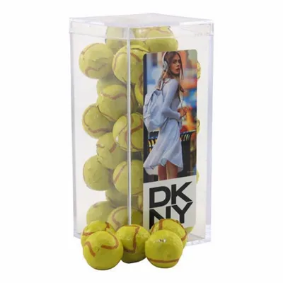 Acrylic Box with Chocolate Tennis Balls - Medium - Custom Phone Wallets Now
