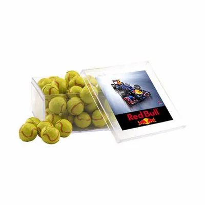Acrylic Box with Chocolate Tennis Balls - Large - Custom Phone Wallets Now