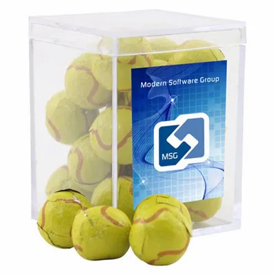 Acrylic Box with Chocolate Tennis Balls - Small - Custom Phone Wallets Now