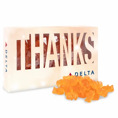 Thanks Die Cut Box with Champagne Gummy Bears - Custom Phone Wallets Now