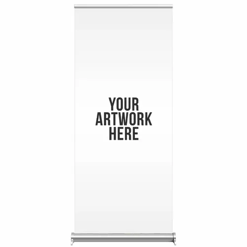 A retractable banner stand displays the placeholder text 'YOUR ARTWORK HERE' against a white background, indicating space for customizable graphics.