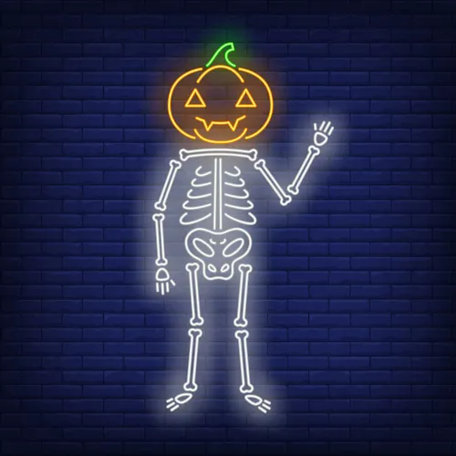 Skeleton with Pumpkin Head Neon Sign - Custom Phone Wallets Now