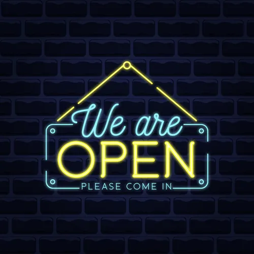 We Are Open Blue and Yellow Neon Sign - Custom Phone Wallets Now