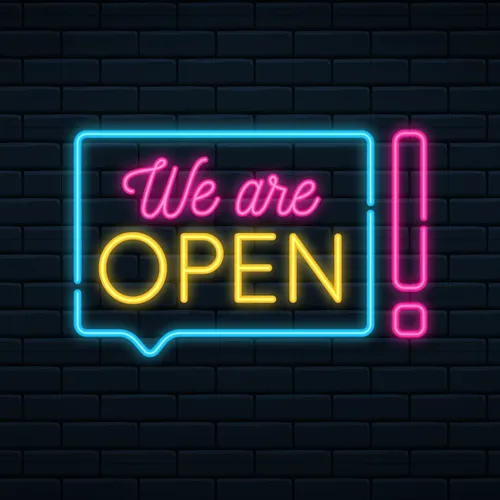 We Are Open Neon Sign - Custom Phone Wallets Now