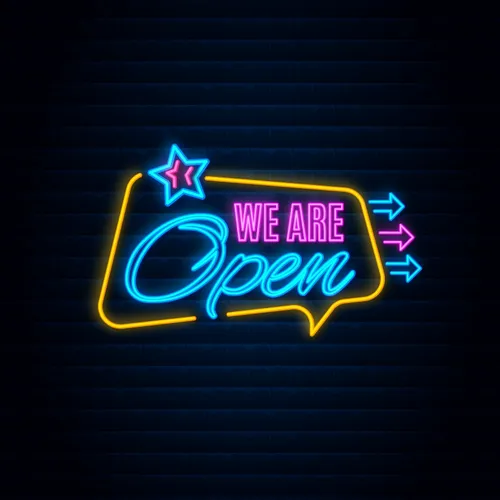 We are Open This Way Neon Sign - Custom Phone Wallets Now