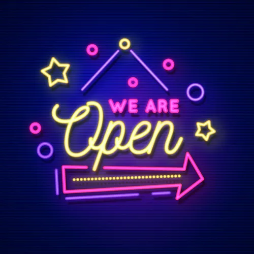 We Are Open Hanging Neon Sign - Custom Phone Wallets Now