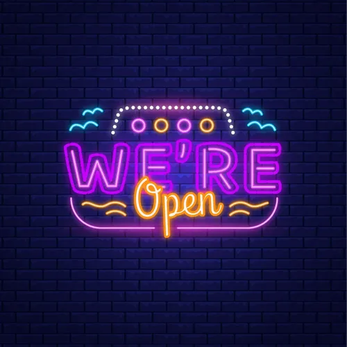 We're Open with Wave Lines Neon Sign - Custom Phone Wallets Now