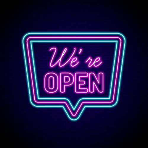 We're Open Neon Sign - Custom Phone Wallets Now