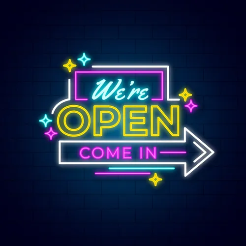 We're Open Come In Neon Sign - Custom Phone Wallets Now