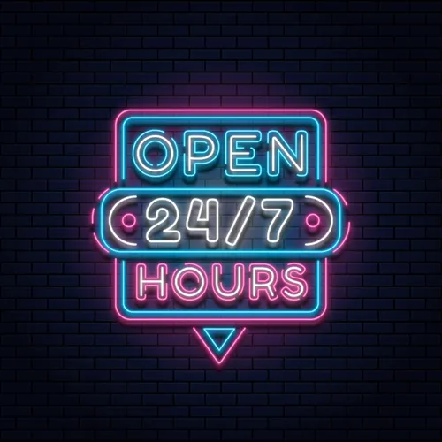 24/7 Open Hours Neon Sign - Custom Phone Wallets Now