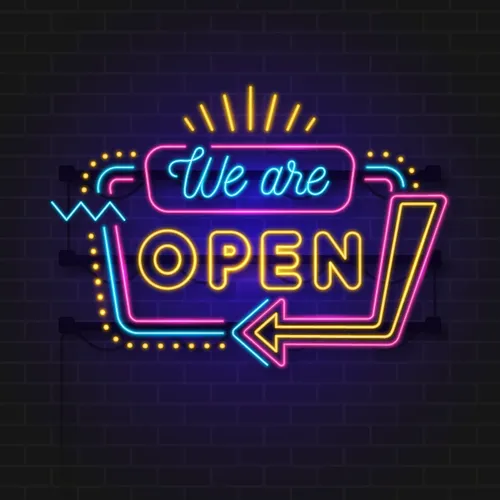 We Are Open Modern Neon Sign - Custom Phone Wallets Now
