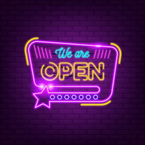 We Are Open With Star Icon Neon Sign - Custom Phone Wallets Now
