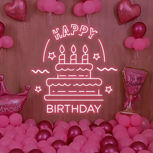 Big Happy Birthday Text with Cake Neon Sign - Custom Phone Wallets Now