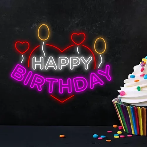 Happy Birthday Heart and Balloon Neon Sign - Custom Phone Wallets Now