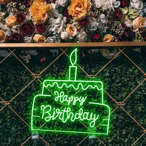 Happy Birthday Text in Big Cake Neon Sign - Custom Phone Wallets Now