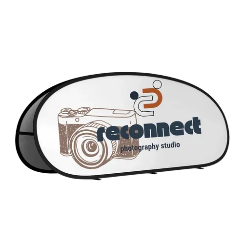 Oval pop-up banner displaying 'i2 reconnect photography studio' with a stylized camera graphic, designed for promotional use at events or exhibitions.