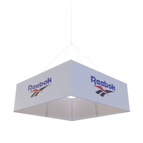 A hexagonal hanging trade show display with the Reebok logo on its panels, suspended in an undefined space.