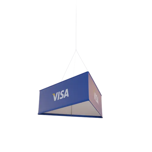A hanging trade show display features the Visa logo on a blue background, suspended from above, likely for brand visibility in a commercial setting.