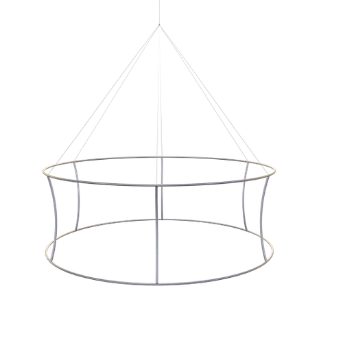 Hanging signage frame, designed for display at trade shows or similar events, with a two-tiered circular structure, viewed on a plain background.
