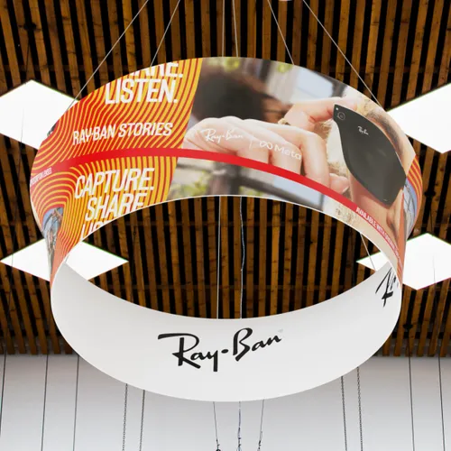 Custom Tapered Circle Personalized Trade Show Hanging Signs - Custom Phone Wallets Now