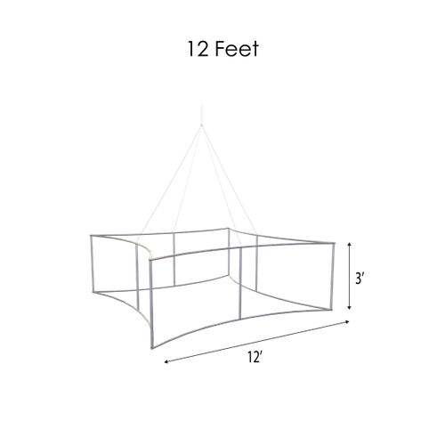 A modular trade show display structure with multiple sections for potential signage, featuring a central square frame and an overhead triangular banner frame against a plain background.