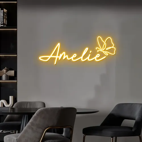 Amelie with Butterfly Neon Sign - Custom Phone Wallets Now