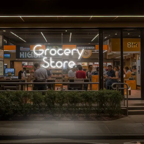 Grocery Store Window Neon Sign - Custom Phone Wallets Now