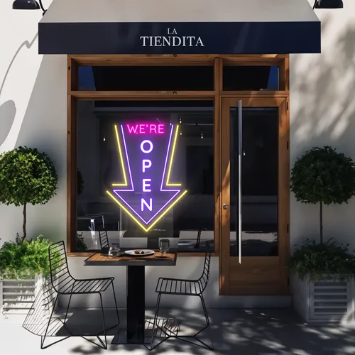 We're Open Vertical Neon Sign - Custom Phone Wallets Now