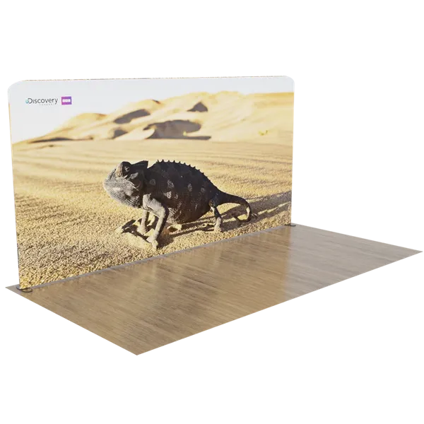 A chameleon walking across sandy terrain is displayed on a canvas, mirrored by the surface beneath it, against a desert landscape background with dunes.