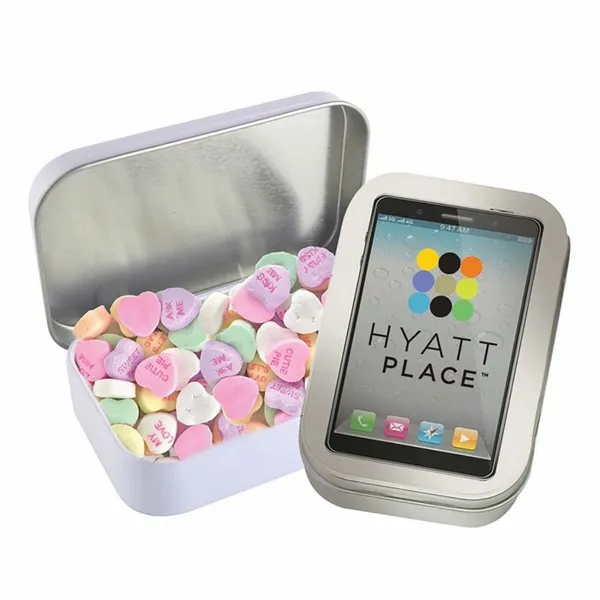 Rectangular Tin - Imprinted Conversation Hearts - Custom Phone Wallets Now
