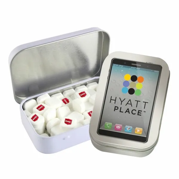 Rectangular Tin with Imprinted Square Mints - Custom Phone Wallets Now
