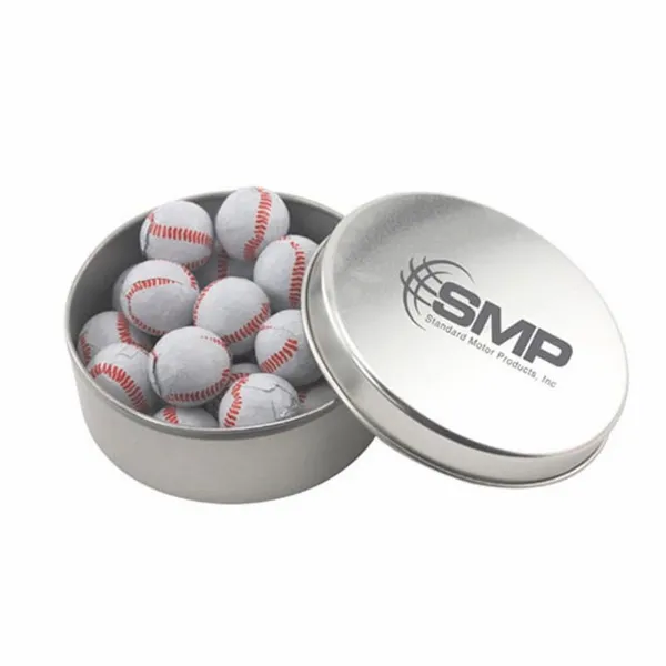 Round Tin with Chocolate Baseballs - SBF3000 - Custom Phone Wallets Now