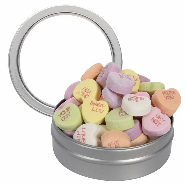 Short Round Tin with Conversation Hearts - Custom Phone Wallets Now