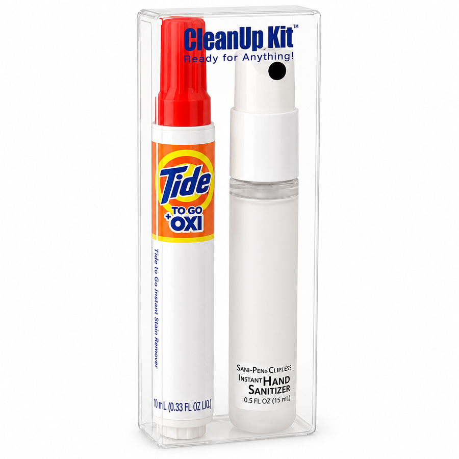 CleanUp Kit - Tide® to Go + Oxi and Sani-Pen® Clipless™ Travel Kits - Custom Phone Wallets Now